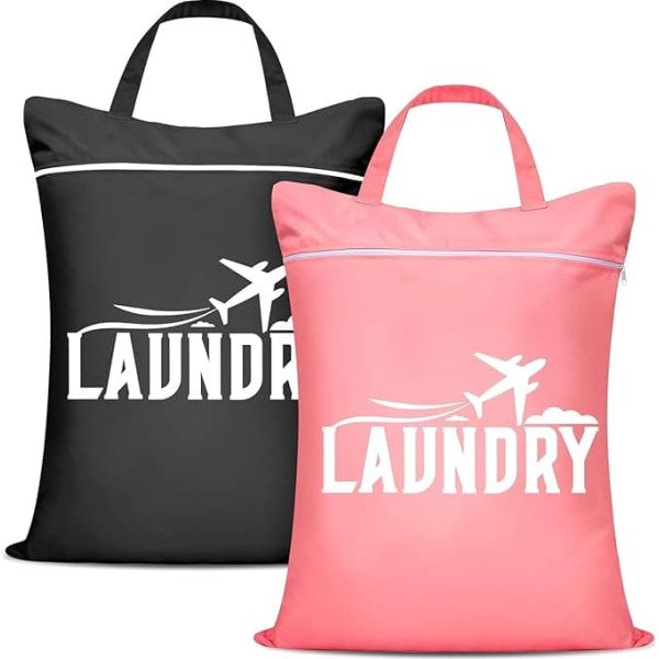 Cenvialuxy Pack of 2 Laundry Bag Travel with Zip, Laundry Bag Dirty Laundry, Waterproof Laundry Bag, Dirty Laundry Bag, Travel Odourproof, Wetbag Swimming Items, Camping, Travel (Black + Pink)