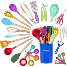 Kitchen Utensils Set, Non-Stick Heat Resistant Silicone Utensils with Wooden Handle, Ladle, Spoon and Spatula, Kitchen Utensils and Accessories, 35 Pieces, Colorful Nuovva