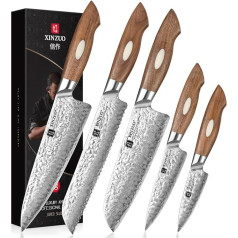 XINZUO AUS-10 Damascus Steel Kitchen Knife Set of 5, Japanese Steel Knife Set, Professional Hammered Surface Chef's Knife Set, Chef Santoku Bread Universal Fruit Knife with Black Walnut Wooden Handle