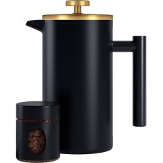Enfmay French Press Coffee Machine, 1 L, Stainless Steel Coffee Machine, Portable Coffee Machine with Filter, Double-Walled Insulated French Press, for Travel, Camping, with 100 ml Coffee Jar, Black