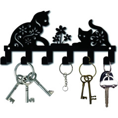 CREATCABIN Metal Key Holder Black Key Hook Wall Mount Hanger Decor Hanger Organiser Skirt Decorative with 6 Hooks Cat and Floral Pattern 10.6 x 5.1 x 1.5 Inches