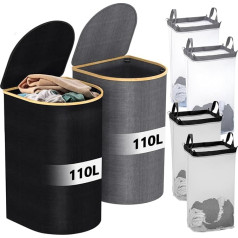 MZJAUVF 2 x Laundry Baskets, 2 x 110 L Laundry Basket with Lid, Laundry Basket with 4 Removable Inner Bags, Large Laundry Basket, Foldable Laundry Basket, Multi Laundry Baskets, Laundry Organiser for