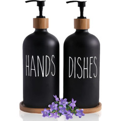 Set of 2 Glass Soap Dispensers, Matte Black with Tray, 500 ml Soap Dispenser, Detergent Dispenser Dispenser, Shampoo Bottles for Filling, Hand Soap Dispenser for Kitchen, Bathroom and Shower