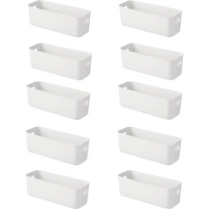 YAYODS Pack of 10 Plastic Storage Boxes - 25 x 8 x 9 cm Storage Basket with Handles - White Bathroom Organiser for Kitchen, Bathroom, Office, Bedroom, Drawer