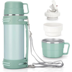 Thermos Flask, Thermos Flask with 2 Cups, Double Wall Stainless Steel Insulated Flask, Leak-proof & Robust Thermos Flask, Large Camping or Hiking with Robust Handle and Carry Strap (Mint Green, 1200