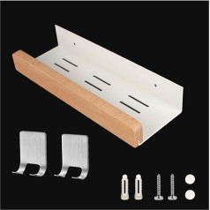 Bathroom Shelf 30 x 9 cm White Wall Mounted Bathroom Shelf with 2 Hooks Aluminium Alloy Shelf Equipped with Screws