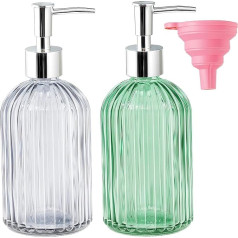 2 x 400ml Glass Soap Dispenser with Pump Refillable Bathroom Kitchen Sink (Clear and Green)