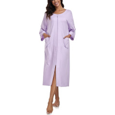 COLORFULLEAF 100% Cotton Women's Bathrobe Long with Zip Lightweight Dressing Gown / Pyjamas / Sauna Gown with Pockets