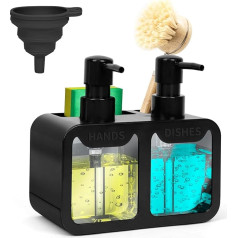 OSTWOLKE Detergent Dispenser Kitchen Set, Kitchen Sink Organiser with Brush Holder & Funnel & Sponge Holder, 350 ml Soap Dispenser, Refillable Detergent, Suitable for Kitchen Sink (Black)