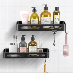 MEIJO Shower Shelf No Drilling Bathroom Organiser Shower Shelf No Drilling Black Pack of 2 Shampoo Holder for Shower with 4 Hooks Stainless Steel Self-Adhesive Large Capacity Bathroom Shelf No