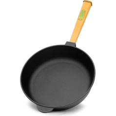 Cast Iron Pan 26 cm | Cast Iron Pan 65 mm High with Wooden Handle | Cast Iron Induction Pan Suitable for Gas Grills, Ovens, Fire Pits and All Types of Cookers Including Induction