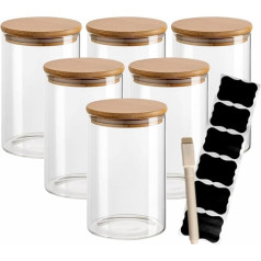 Gouveo Set of 6 Borosilicate Glass Containers with Bamboo Lids, 500 ml, Labels, Storage Jars, Spice Jars, Glass Jars