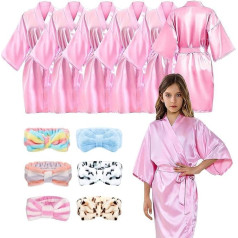 MSYU Spa Bathrobes for Girls, 12 Pieces, Pink Satin Kimono Bathrobes with Skincare Headbands for Salon, Wedding, Birthday, Party Supplies, Label Size 8, Rose, 130, rose