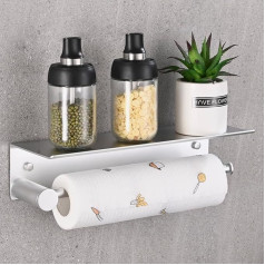 HANFU Kitchen Roll Holder Wall Mounted, Kitchen Roll Holder No Drilling for Kitchen Paper Roll Holder, Aluminium Roll Holder Kitchen with Storage Spacious Shelf, Kitchen Roll Holder, Silver