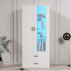Azkoeesy High Gloss White Display Cabinet with 16 Colours LED Lights, Glass Display Cabinet, Tall Cabinet, Standing Display Cabinet, 182 cm Height