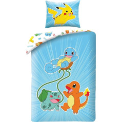 Pokemon Bed Linen 135 x 200 cm + 80 x 80 cm · Pokémon Pikachu, Glumanda, Schiggy & Bisasam · Children's Bed Linen Set 2-Piece Duvet Cover + Pillowcase · German Size · Microfibre