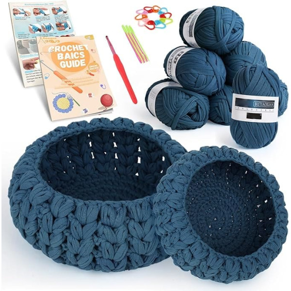 Aeeque Basket Crochet Set, Textile Yarn for Crochet for Baskets, Crochet Set for Beginners with Instructions for Crochet Basket, DIY Crochet Bowls Set, Starter Crochet Set Learning (Cowboy Blue)
