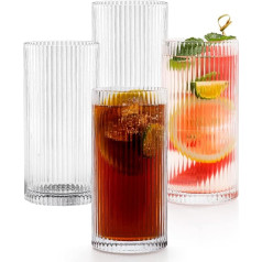 Quyimy Gin Glasses, Wavy Highball Tumblers, Set of 4 Stemless Cocktail Glasses with Glass Straw and Brush, Vintage Ribbed Glassware, Ideal for Cocktail, Coffee, Soda, Juice, Rum, 15 Ounce
