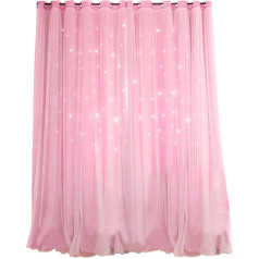 VORCOOL Star Curtains Opaque Curtains Blackout Curtains 2 Layers Hollow Shape with Eyelets Gauze for Girls Party Bedroom Decoration (Pink)