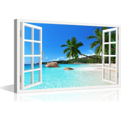 TISHIRON 3D Window Effect Coconut Tree Beach Landscape Kitchen Canvas Wall Art Picture for Living Room Bedroom Office Home Decor Ready to Hang 12x18 Inches