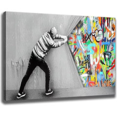 chongjian Banksy Graffiti Painting Wall Art Pictures Canvas Behind the Curtain Graffiti Street Art Canvas Painting Posters and Prints Living Room Wall Decoration (with Frame B, 16 x 24 inches)