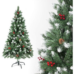 Sunjas Artificial Christmas Tree, 120 / 150 / 180 / 210 cm, with Pine Cones, Snow Effect and Red Berries Decoration, Snowy Tips, Artificial Fir with Metal Stand