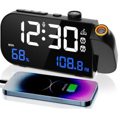 VOSFEEL Radio Alarm Clock with Projection 180° Projection Alarm Clock 3 Brightness Levels 12/24H with Snooze Function LED Digital Alarm Clock USB Type C Connection Display Temperature Humidity