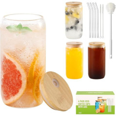 Tumblers with Bamboo Lids and Straws - 4 Pack Empty Glass Can Shaped Tumblers, Glass Cups with Glass Straws and Cleaning Brush, Beer Glasses, Iced Coffee Glasses, Cute Tea Cup, Cocktail,