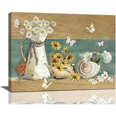 Daisy Bathroom Wall Art Farmhouse Floral Butterfly Pictures Flower Shell Bathroom Decor Daisy Canvas Paintings Modern Decorations Framed Artwork for Bathroom Living Room Kitchen