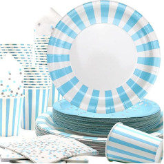 Obussgar Light Blue Striped Tableware Party Supplies Includes Plates, Napkins, Paper Cups for Birthday Parties, Graduations, Weddings, Baby Shower (Light Blue 40)