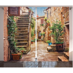 ABAKUHAUS Italy Rustic Curtain, Old Stone Street Houses, Living Room Universal Tape Curtains with Loops and Hooks, 280 x 225 cm, Sand Green