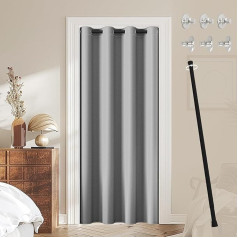 JCyh Door Curtain with Rod and Magnetic Button, Opaque Curtain with Eyelets for Living Room, Door Curtain Inside, No Drilling, Door Curtain Silver Grey + Telescopic Rod Black, 70-125 cm