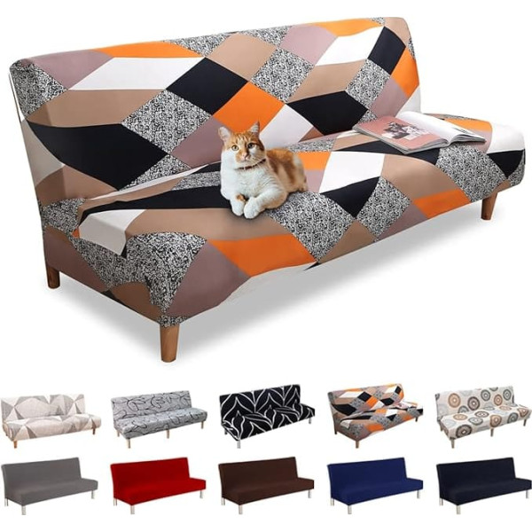 Lydevo Sofa Cover without Armrests 3 Seater Sofa Bed Cover Stretch Armrest Sofa Bed Cover Armless Clic Clac Elastic Couch Cover Futon for Folding Couch without Armrests, Orange Geometry