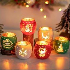 Glasseam Tea Light Holder Christmas Tea Light Glasses: Candle Jars Set of 6 Red Green White Candle Holder Glass for Christmas Decoration Table Lantern Candle Glass for Dining Table Party Gift Advent