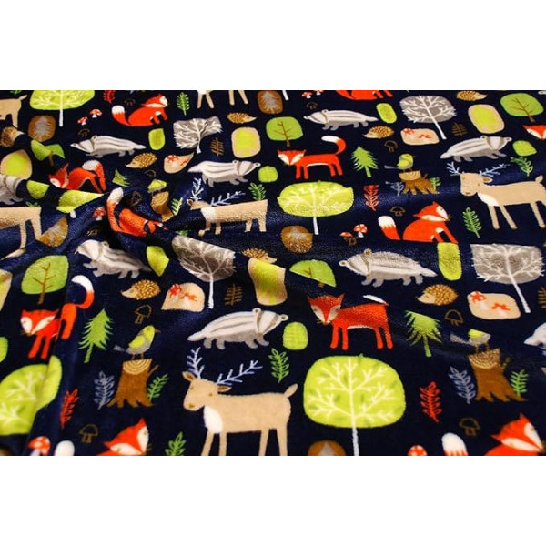 Double-Sided Supersoft Cuddly Soft Fleece Fabric Forest Animals Navy Blue - 1 Metre 150 cm x 100 cm