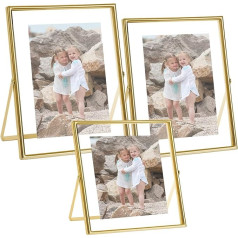 SAREAL Set of 3 Glass Photo Frames, Metal Gold Picture Frame for Pictures, Photos, Desk, Table Top Display, Floating Photo Frames with Glass, 4 x 4 inches, 4 x 6 inches, 5 x 7 inches