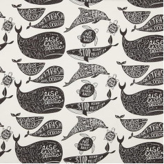 Kt KILOtela Digital Print Canvas Fabric Upholstery Cushion Curtains Half Panama Cotton Patchwork 100cm Length x 280cm Width Save Ocean - White Black - 1 Metre