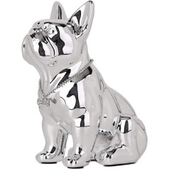 SHENGTIAN French Bulldog Decorative Statue - Resin Dog Sculpture with Silver Necklace - Decorative Figure for Living Room, Office, Hallway and Bedroom (Plated Silver, 31 cm)