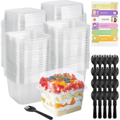 LPAMABA Set of 50 Dessert Cups with Lids and Spoons, 240 ml, Plastic Cups, Square Dessert Cups Set, Dessert Bowls, Reusable Serving Bowl with Autocollants for Pudding Mousse