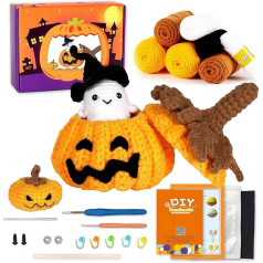 Crochet Kit for Beginners, Beginner Crochet Starter Kit with Step by Step Video Tutorials, Knitting Starter Kit for Adults and Kids, DIY Craft Supplies, Halloween Pumpkin Family (40%+ Yarn)