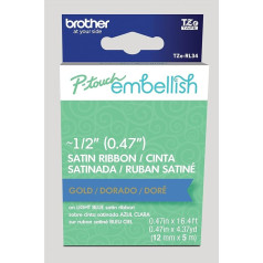 Brother P-touch TZERL34 Embellishment Gold Print on Light Blue Satin Ribbon, 1/2 inch wide x 33.1 yards long, for use with P-touch Embellishment Ribbons and Ribbon Printers