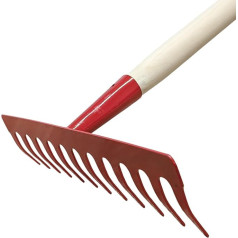 Garden Tool Rake Lawn Ground Ground Rake 12 Prongs Metal Red Garden Rake 28 cm with Wooden Handle