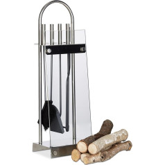 Relaxdays Stainless Steel Fireplace Companion Set, 5-Piece Fire Irons Kit, Stand, Shovel, Broom, Tongs, Poker, Steel, Glass, Silver