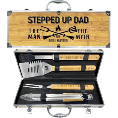 Step Dad Gifts from Daughter Christmas Heavy Duty Wooden BBQ Grilling Accessories Kit for Backyard, Thick Stainless Steel Grill Utensils with Non-Slip Handle Tools in Portable Bag Birthday Fathers Day