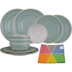 HEKERS 100% Melamine Tableware New Spring Mint - Set of 12 4 Pieces - 1 x Hekers Microfibre Cloth in Random Colour Outdoor Picnic Camping Dishwasher Safe