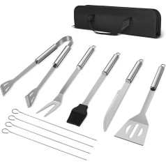 BBQ Accessories Set, Stainless Steel BBQ Tools for Outdoor Barbecue, BBQ Accessories with Tongs, Spatula, Brush, Knife, Fork, Skewer and Storage Bag, BBQ Gifts for Men, 6 Pieces