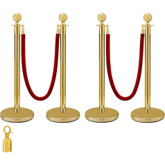VEVOR Stainless Steel Barrier Post Rope Demarcation Stand Ball Head 2 Red Velvet Ropes Golden Column 4 Pack Crowd Control Barriers