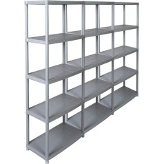 Kreher Economy Set of 3 Plastic Shelves Storage Shelves in Grey, 5 Shelves and 150 kg Load Capacity per Shelf. 71 x 38 x 171 H cm. TÜV Rheinland.