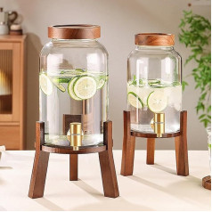 2 Pack Glass Drink Dispenser for Party with Stand Beverage Dispenser with Wooden Plates Juice Container for Ice Water Lemonade Punch Tea 4L+5L