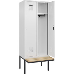 kaiserkraft | Spind Evolo Plus Sitzbank | 2 Abteile | weiß | B 800 mm | Zylinderschloss | mit auskragender Sitzbank | Buche